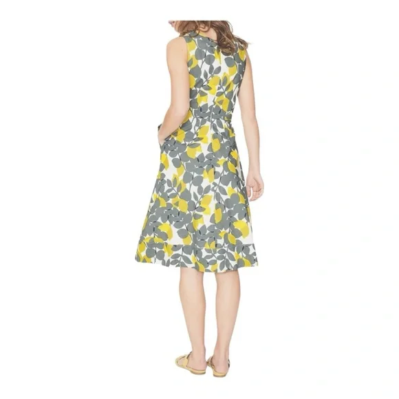 Boden Jade Fit & Flare Linen Cotton Dress Lemon Print Lined V-neck Women Size 4L - Picture 2 of 16